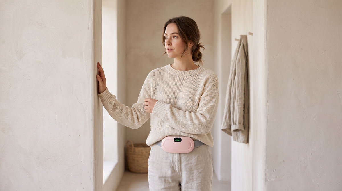 Mother in a soft entryway wearing the Calla belt